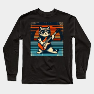 Electric Guitar Cat Rock Music Retro Funny Cat Long Sleeve T-Shirt